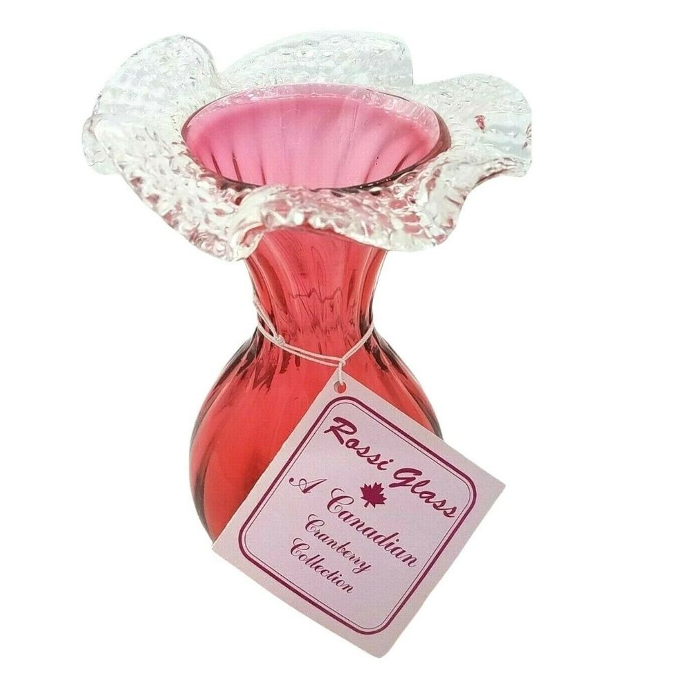 Rossi Glass 5" Vase Canadian Cranberry Collection Ruffled Top with tag &…